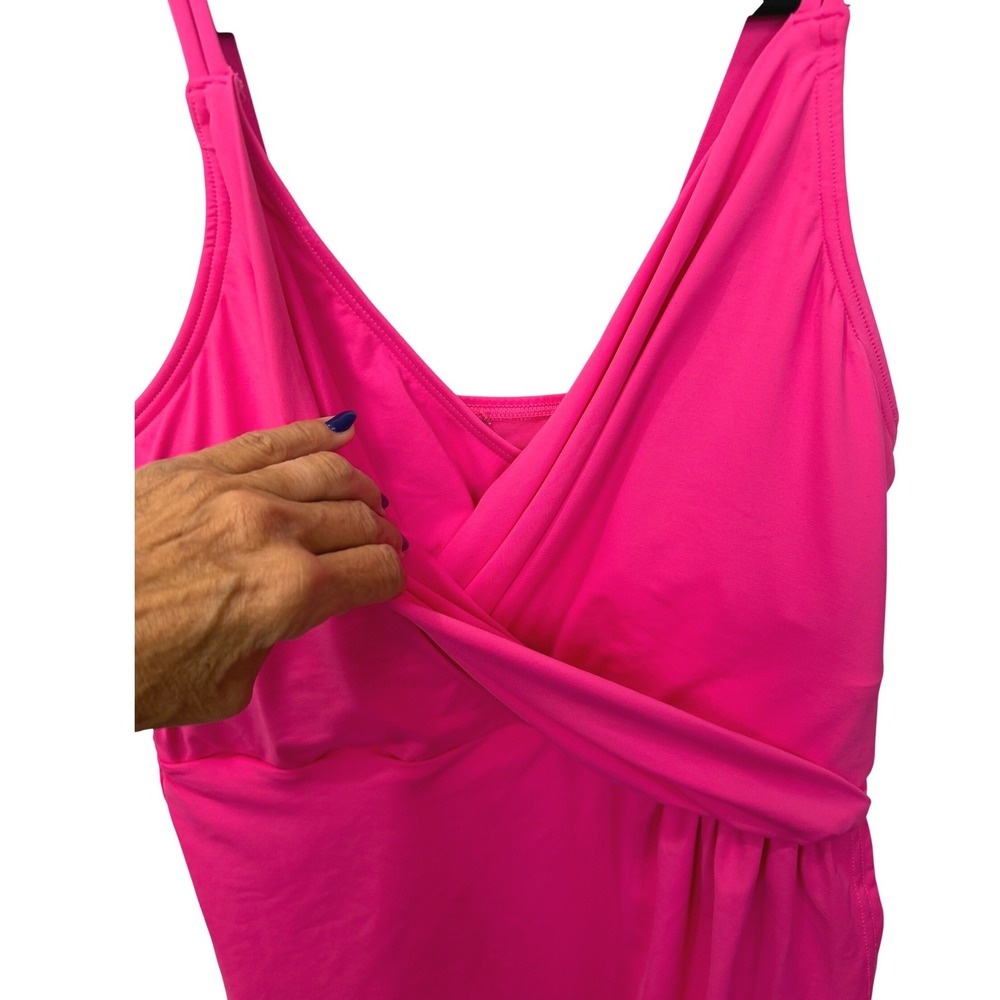 Lands End V Neck Tulip Wrap Swim Dress One Piece Shelf Bra Fuschia LP 14 16 - Picture 4 of 15